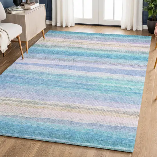 Aqua And Lavender Striped Washable Area Rug With UV Protection Photo 6