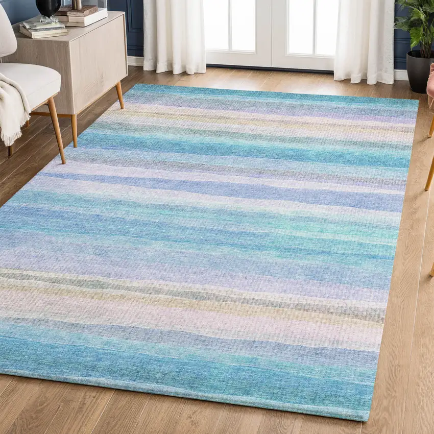 Aqua And Lavender Striped Washable Area Rug With UV Protection Photo 6