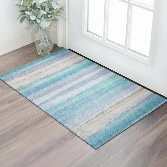 Aqua And Lavender Striped Washable Area Rug With UV Protection Photo 2