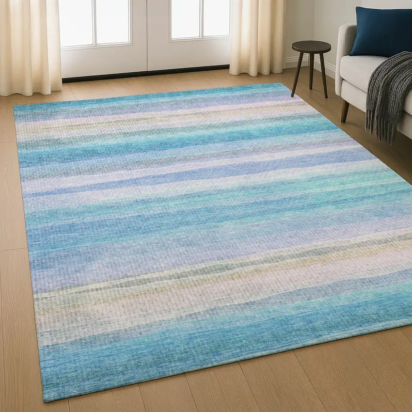 Aqua And Lavender Striped Washable Area Rug With UV Protection Photo 5