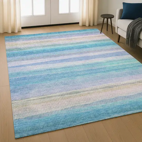 Aqua And Lavender Striped Washable Area Rug With UV Protection Photo 5
