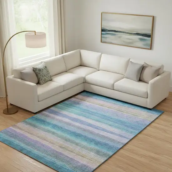 Aqua And Lavender Striped Washable Area Rug With UV Protection Photo 2