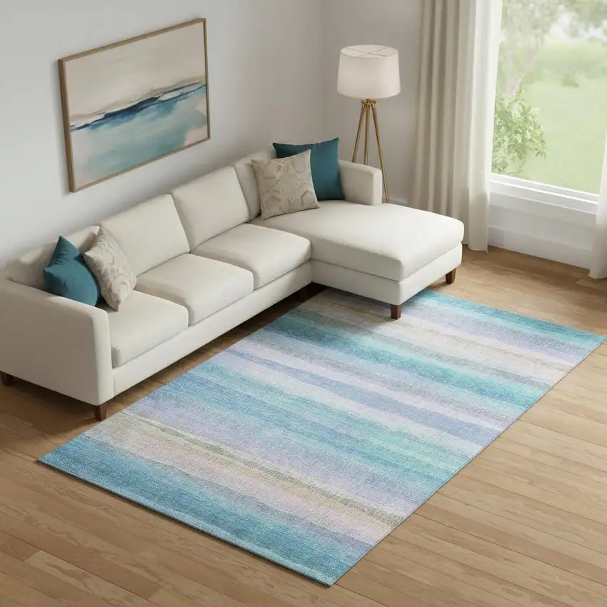 Aqua And Lavender Striped Washable Area Rug With UV Protection Photo 2