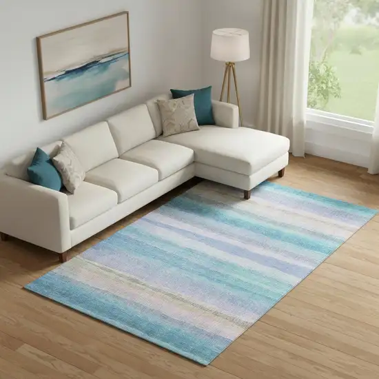 Aqua And Lavender Striped Washable Area Rug With UV Protection Photo 2