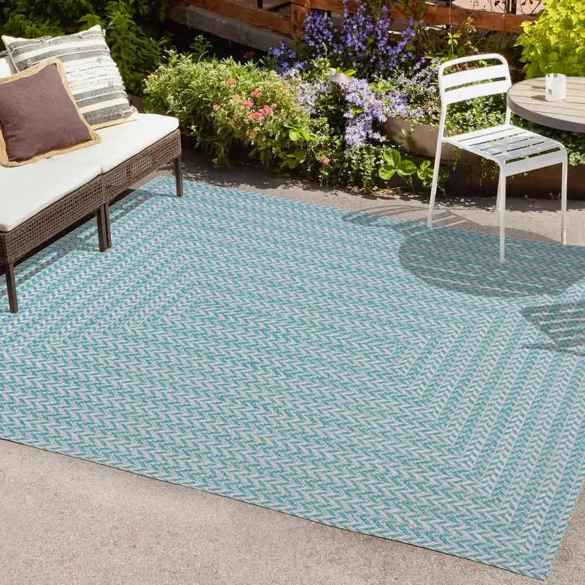 Aqua And Light Gray Striped Indoor Outdoor Area Rug Photo 9