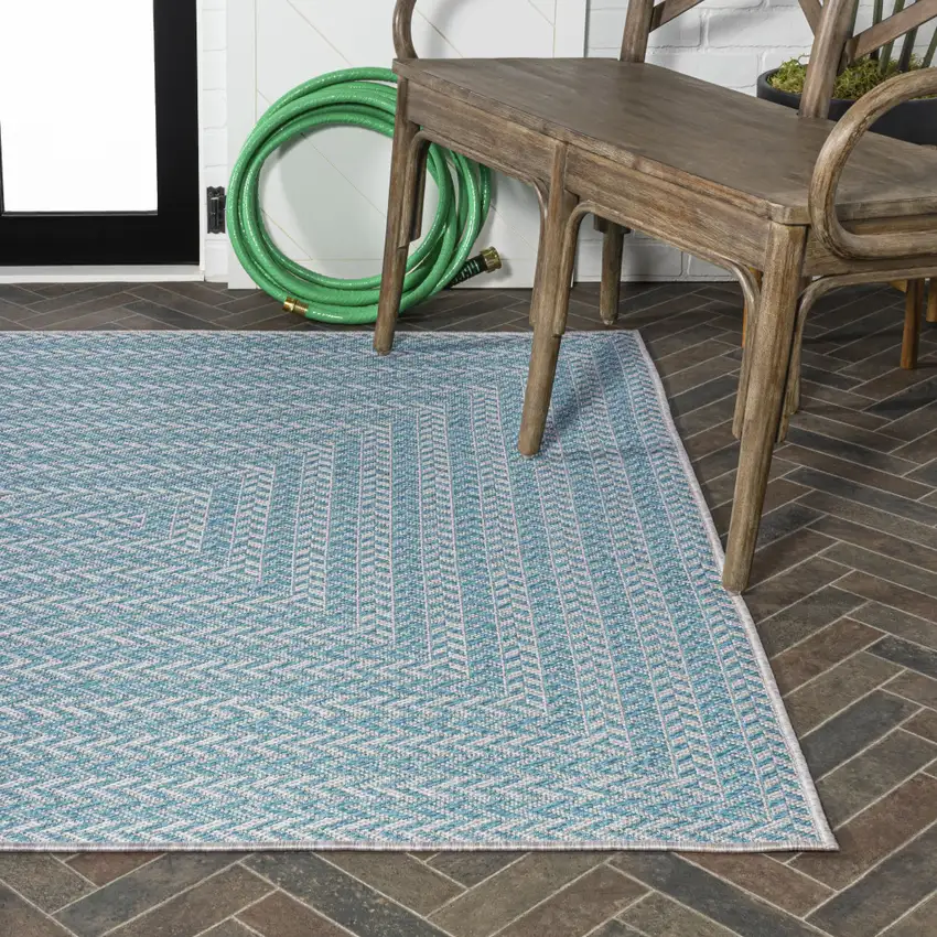 Aqua And Light Gray Striped Indoor Outdoor Area Rug Photo 9