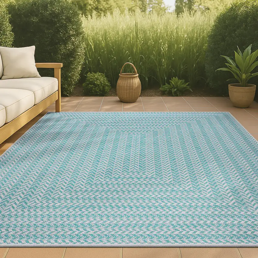 Aqua And Light Gray Striped Indoor Outdoor Area Rug Photo 4