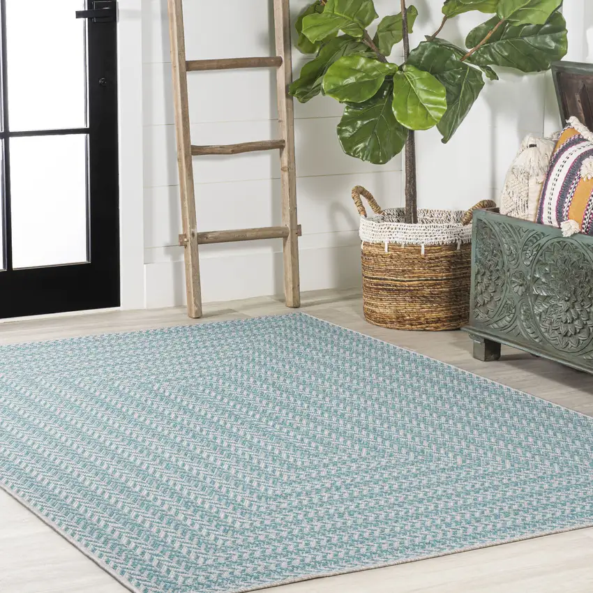 Aqua And Light Gray Striped Indoor Outdoor Area Rug Photo 8