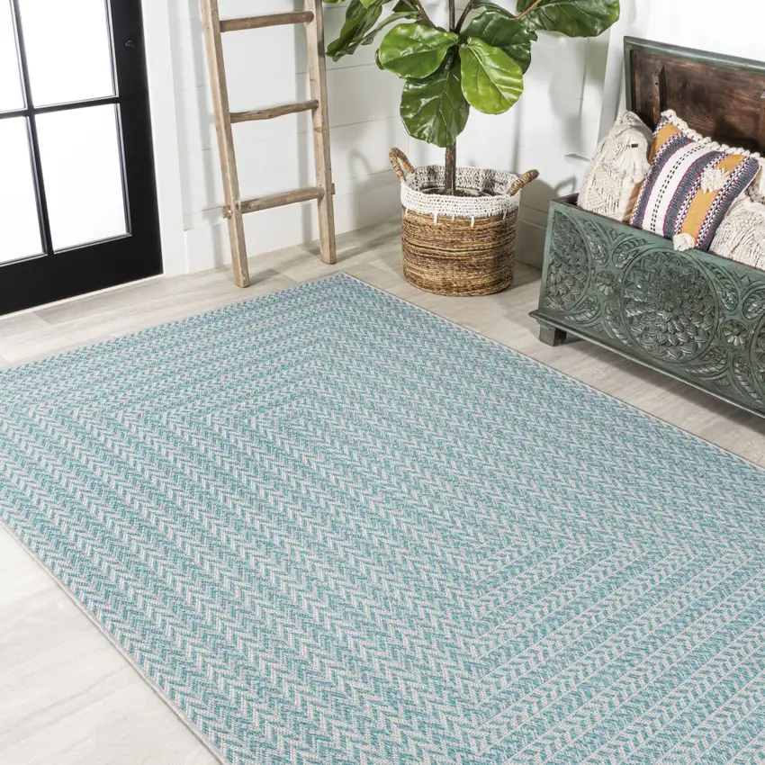 Aqua And Light Gray Striped Indoor Outdoor Area Rug Photo 7