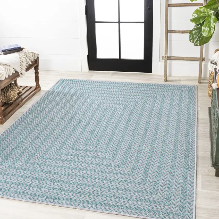 Aqua And Light Gray Striped Indoor Outdoor Area Rug Photo 5