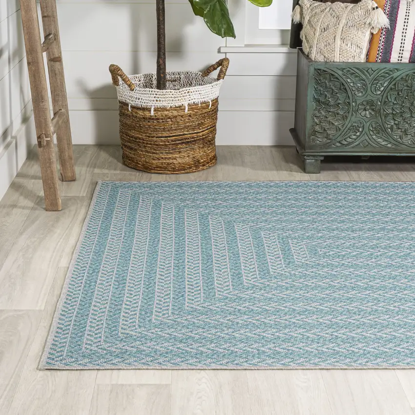 Aqua And Light Gray Striped Indoor Outdoor Area Rug Photo 6