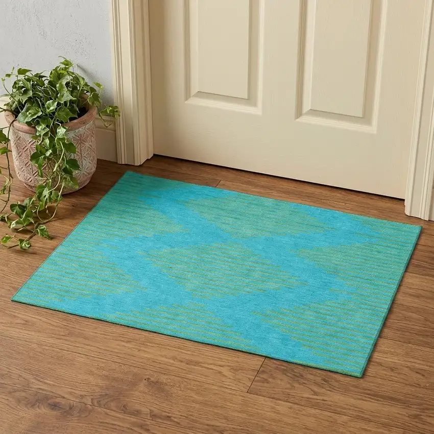 Aqua And Lime Green Geometric Washable Area Rug With UV Protection Photo 1