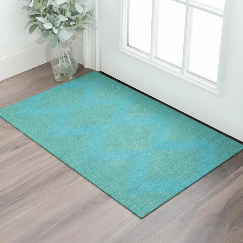 Aqua And Lime Green Geometric Washable Area Rug With UV Protection Photo 2