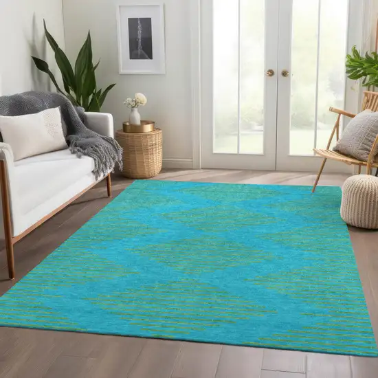 Aqua And Lime Green Geometric Washable Area Rug With UV Protection Photo 5
