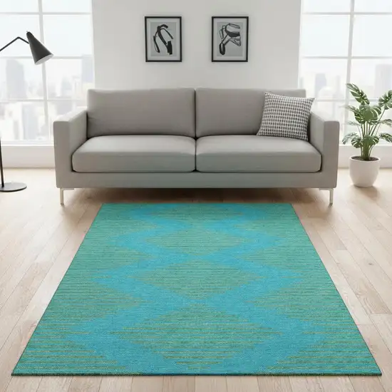 Aqua And Lime Green Geometric Washable Area Rug With UV Protection Photo 2