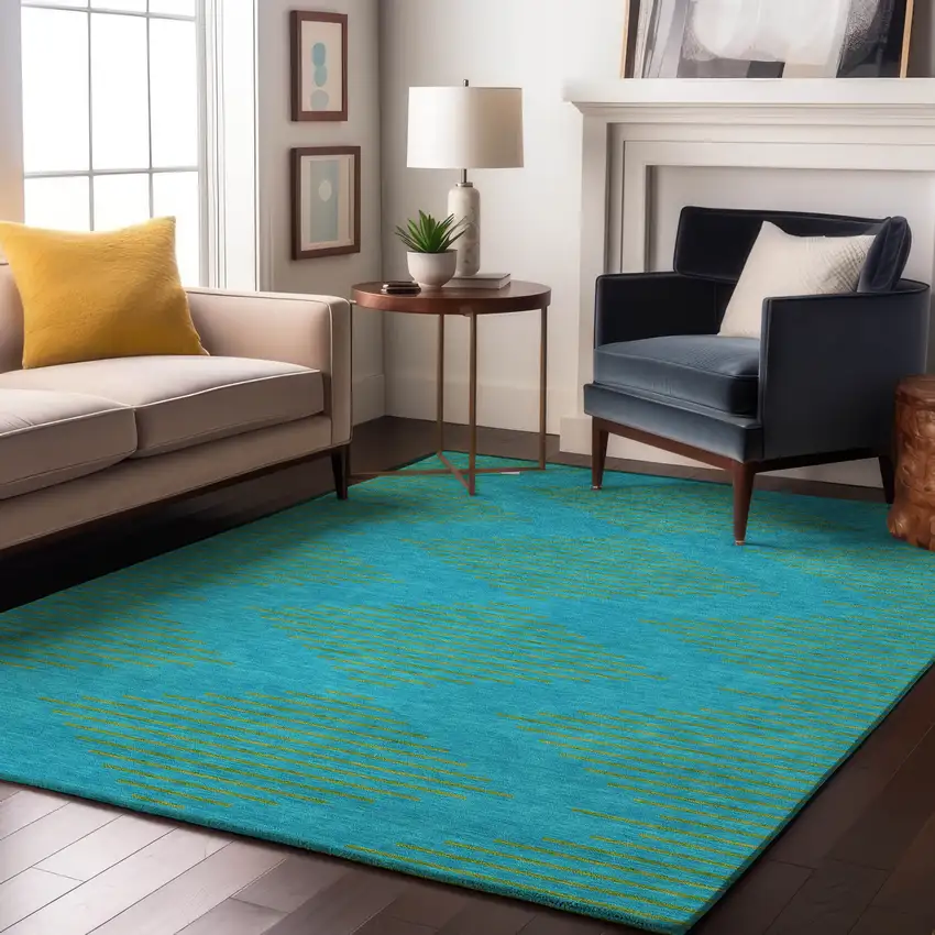 Aqua And Lime Green Geometric Washable Area Rug With UV Protection Photo 4