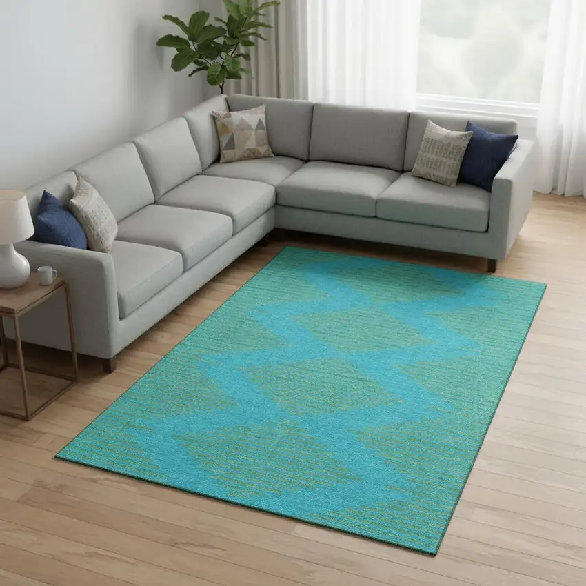 Aqua And Lime Green Geometric Washable Area Rug With UV Protection Photo 2