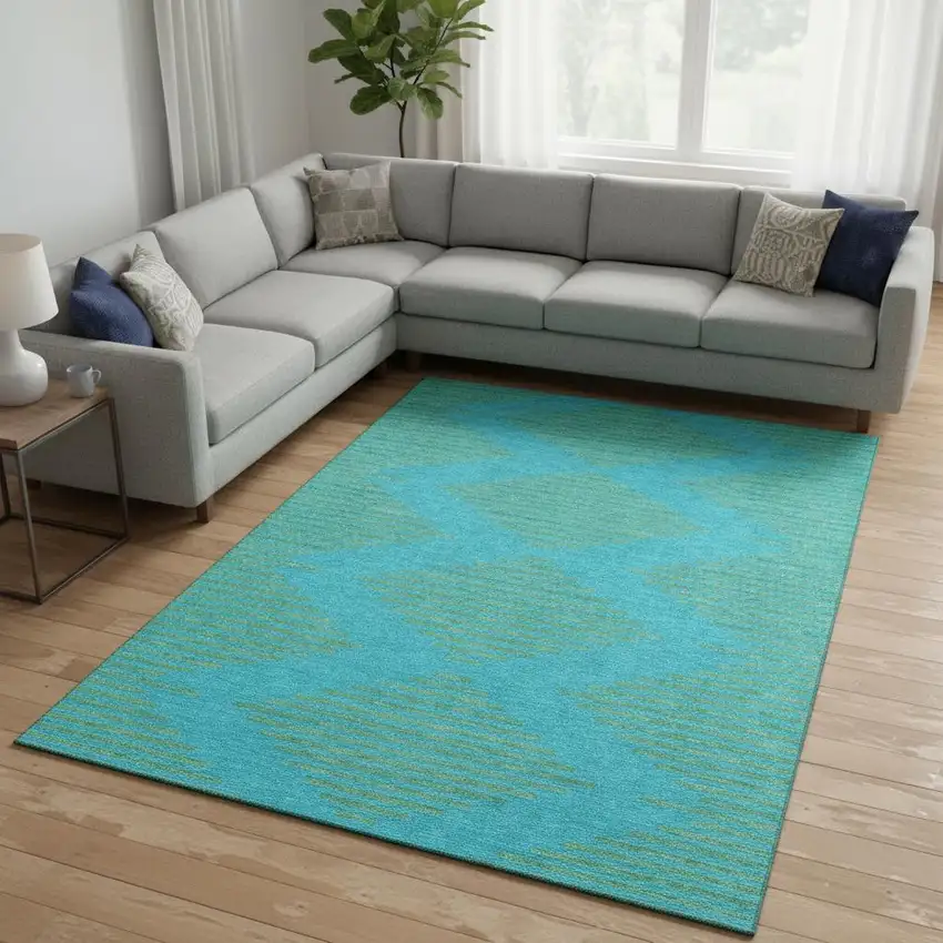 Aqua And Lime Green Geometric Washable Area Rug With UV Protection Photo 2