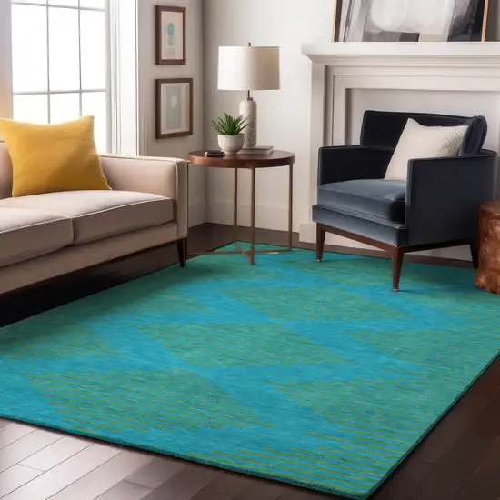Aqua And Lime Green Geometric Washable Area Rug With UV Protection Photo 4