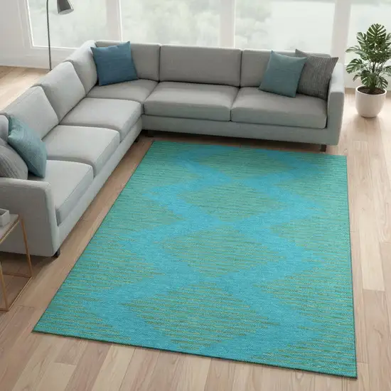 Aqua And Lime Green Geometric Washable Area Rug With UV Protection Photo 1