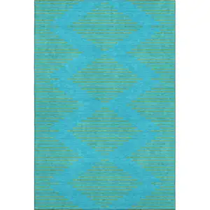 Photo of Aqua And Lime Green Geometric Washable Area Rug With UV Protection