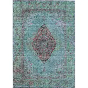 Photo of Aqua And Mauve Medallion Washable Indoor Outdoor Area Rug