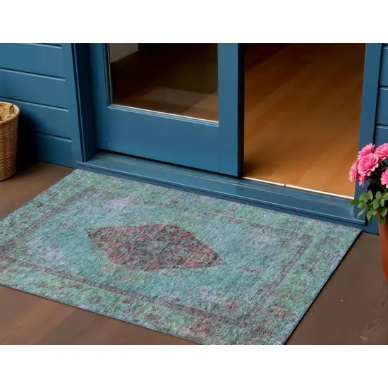 Aqua And Mauve Medallion Washable Indoor Outdoor Area Rug Photo 2