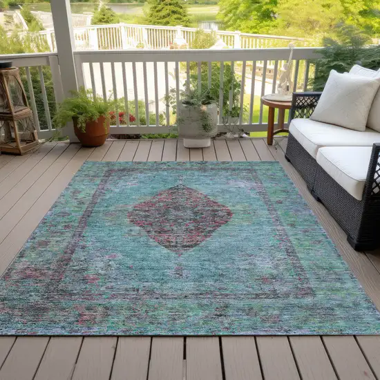 Aqua And Mauve Medallion Washable Indoor Outdoor Area Rug Photo 8