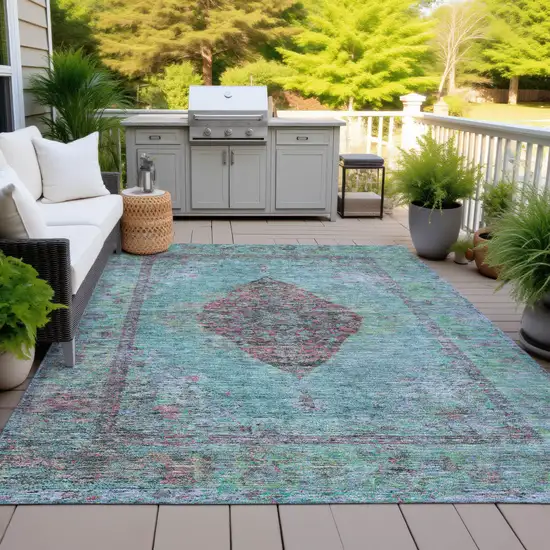 Aqua And Mauve Medallion Washable Indoor Outdoor Area Rug Photo 5