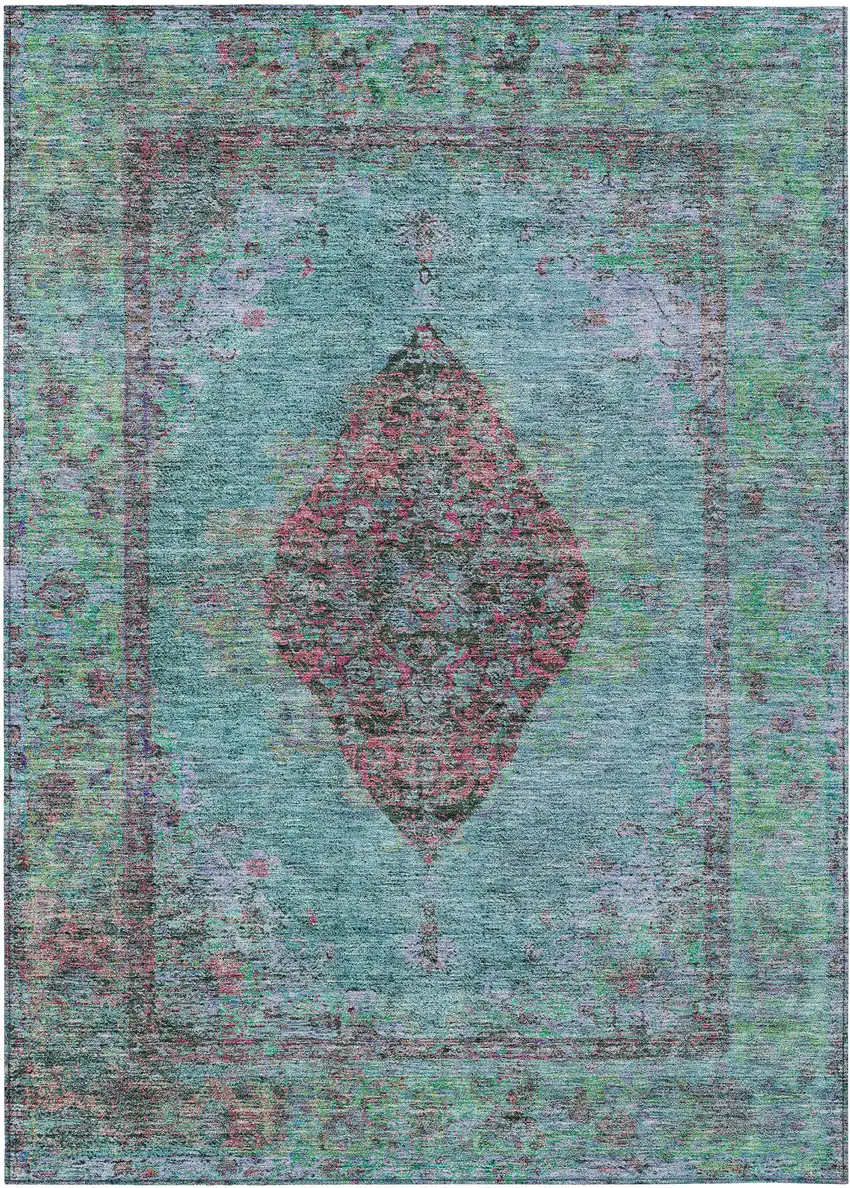 Aqua And Mauve Medallion Washable Indoor Outdoor Area Rug Photo 1
