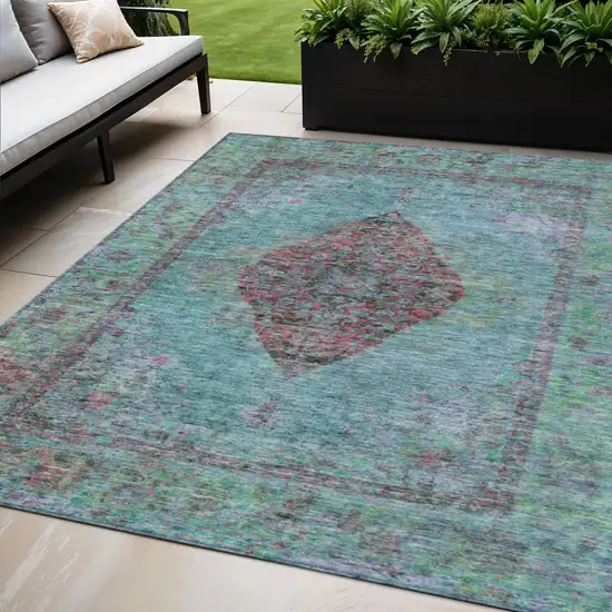 Aqua And Mauve Medallion Washable Indoor Outdoor Area Rug Photo 2
