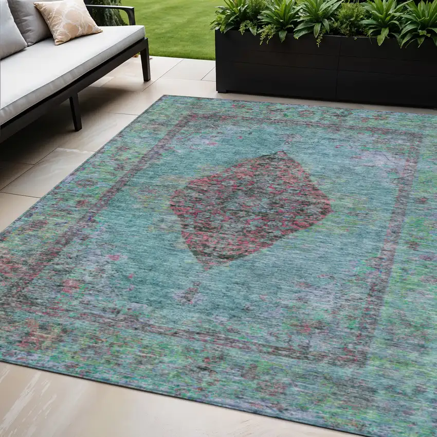 Aqua And Mauve Medallion Washable Indoor Outdoor Area Rug Photo 2