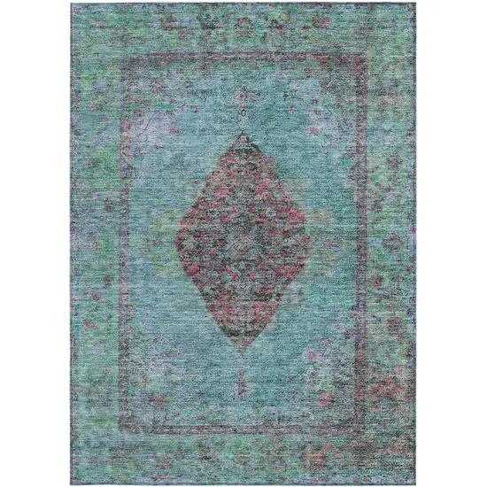 Aqua And Mauve Medallion Washable Indoor Outdoor Area Rug Photo 3