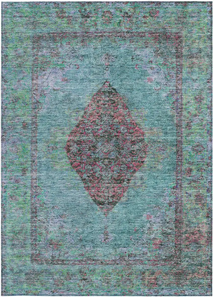 Aqua And Mauve Medallion Washable Indoor Outdoor Area Rug Photo 3