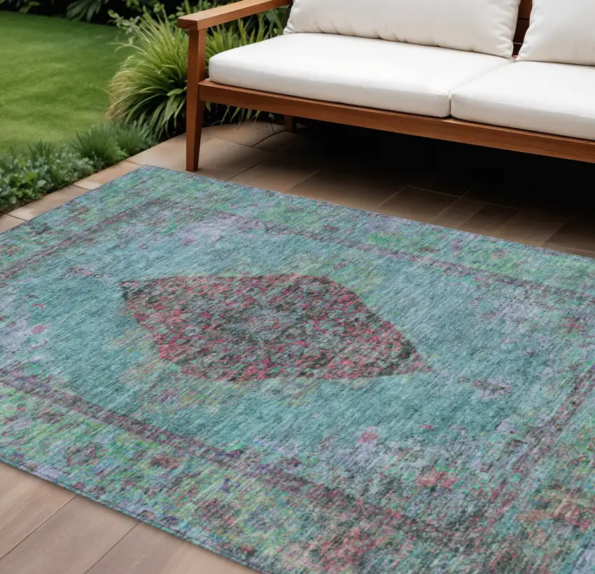 Aqua And Mauve Medallion Washable Indoor Outdoor Area Rug Photo 2