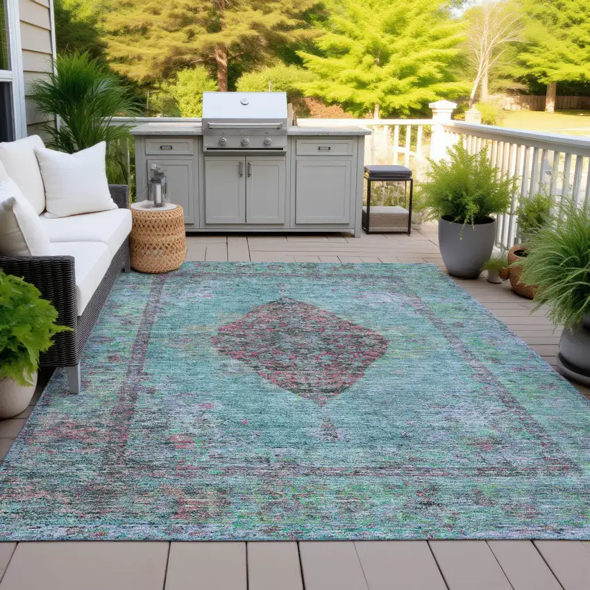 Aqua And Mauve Medallion Washable Indoor Outdoor Area Rug Photo 5