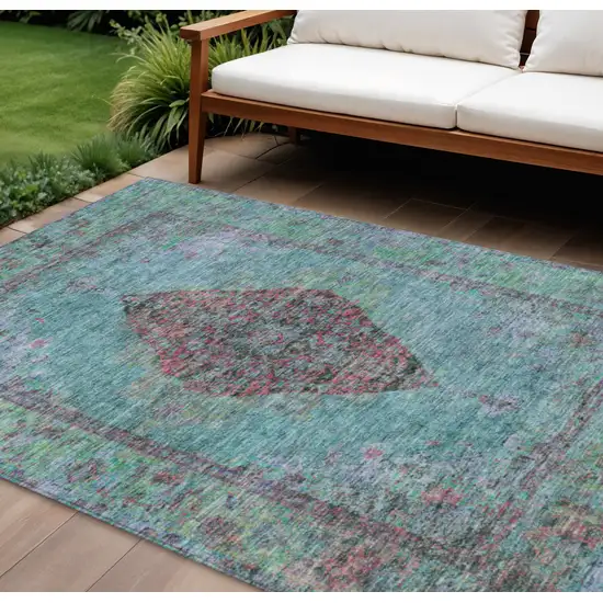 Aqua And Mauve Medallion Washable Indoor Outdoor Area Rug Photo 2