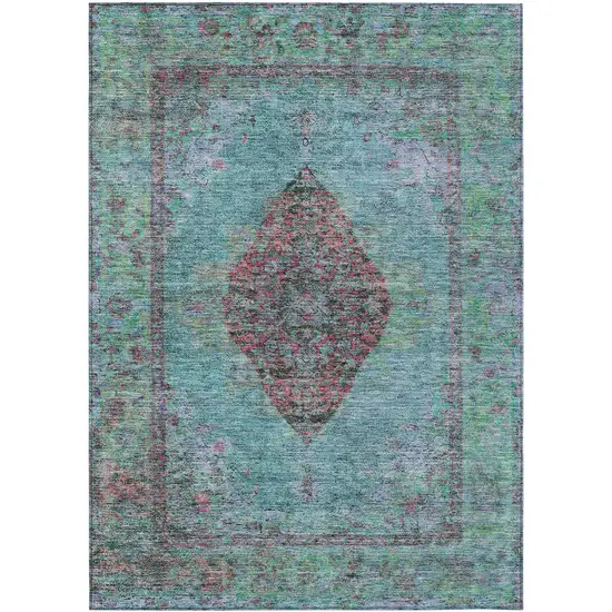 Aqua And Mauve Medallion Washable Indoor Outdoor Area Rug Photo 1