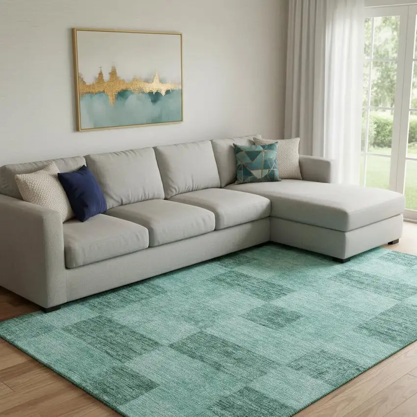 Aqua And Mint Green Geometric Washable Area Rug With UV Protection Photo 2