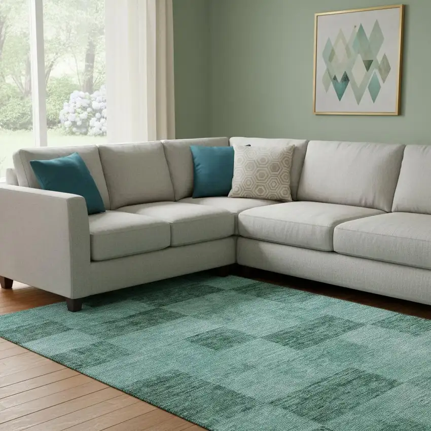 Aqua And Mint Green Geometric Washable Area Rug With UV Protection Photo 2