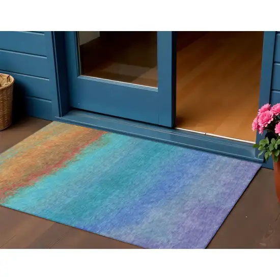 Aqua And Orange Ombre Washable Indoor Outdoor Area Rug Photo 2