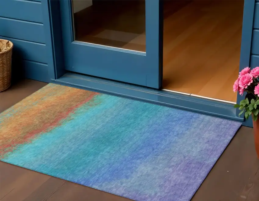 Aqua And Orange Ombre Washable Indoor Outdoor Area Rug Photo 2