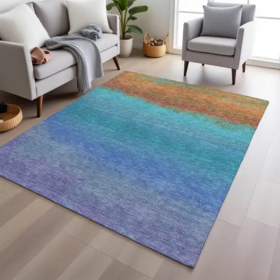 Aqua And Orange Ombre Washable Indoor Outdoor Area Rug Photo 4
