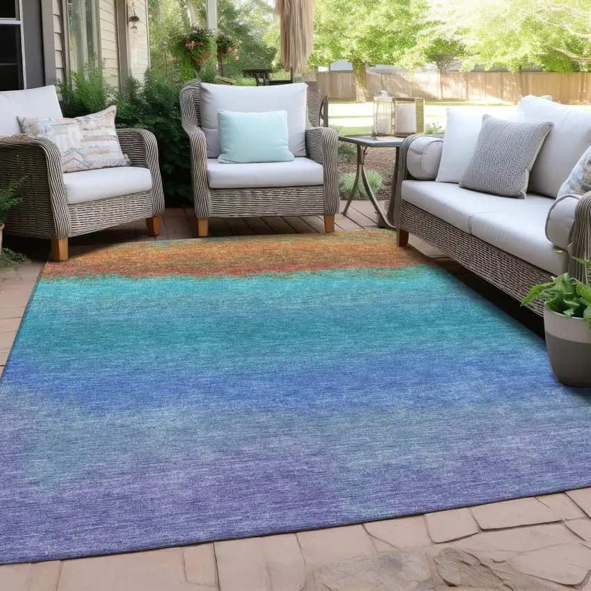 Aqua And Orange Ombre Washable Indoor Outdoor Area Rug Photo 3