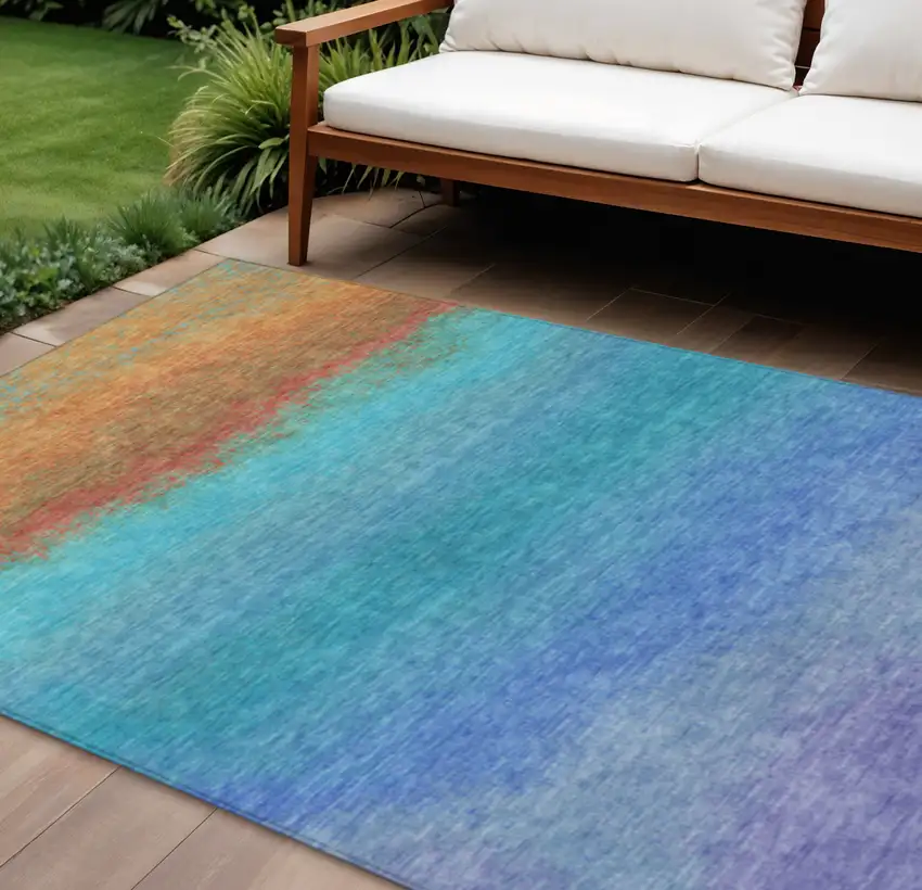 Aqua And Orange Ombre Washable Indoor Outdoor Area Rug Photo 2