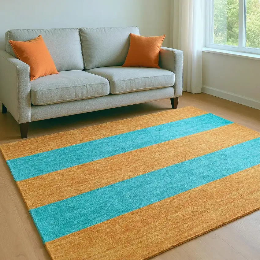 Aqua And Orange Striped Washable Area Rug With UV Protection Photo 2