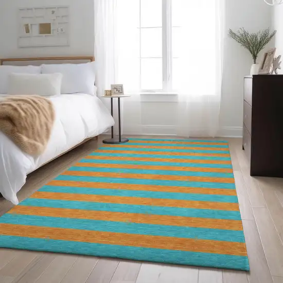 Aqua And Orange Striped Washable Area Rug With UV Protection Photo 3