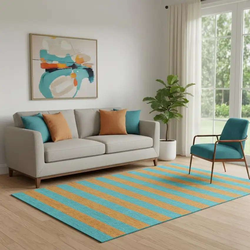 Aqua And Orange Striped Washable Area Rug With UV Protection Photo 1