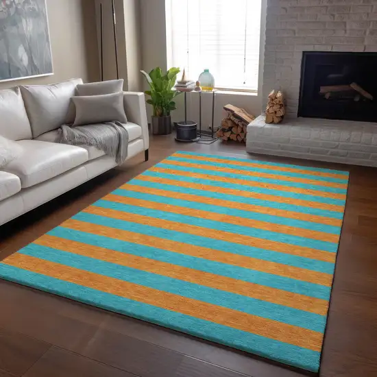 Aqua And Orange Striped Washable Area Rug With UV Protection Photo 4