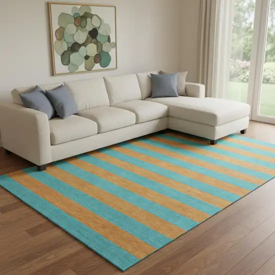 Aqua And Orange Striped Washable Area Rug With UV Protection Photo 1